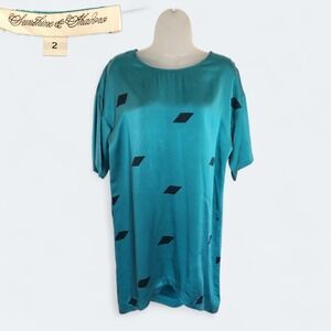 Vintage Sunshine Shadow Teal Silk Diamond Print Short Sleeve Dress Size 2